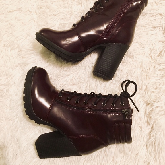 JustFab Burgundy Heeled Combat Boots - Picture 1 of 4